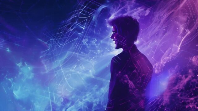 Silhouette against vibrant indigo and purple energy field. Swirling particles and ethereal light surround the figure. Complex equations float in space, suggesting advanced quantum theories. 