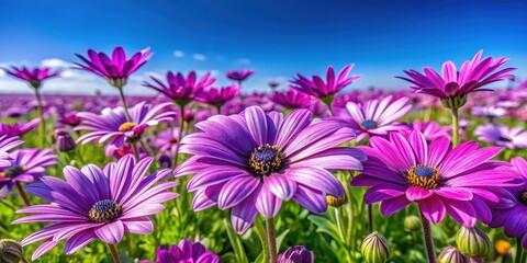 Fototapeta premium Vibrant purple daisies in a picturesque field under a clear blue sky, blooms, flowers, nature, petals, vibrant, colorful