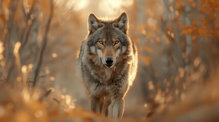 Obraz premium Majestic wolf walking through autumn forest, surrounded by warm foliage, exuding a sense of wilderness and natural beauty.