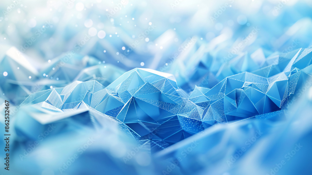 Poster abstract background with blue low poly shapes, crystal texture and grainy particles on the surface. 