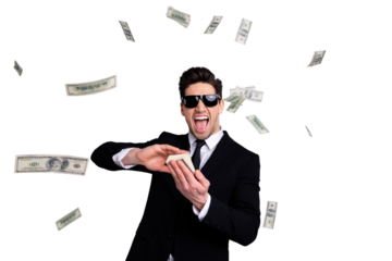 Portrait of his he nice attractive cheerful guy professional executive leader expert development agent broker financier banker throwing away exchange lottery credit isolated over light gray background