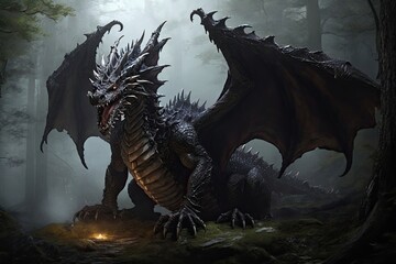 Fototapeta premium Huge scary dragon in a foggy forest.