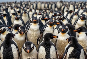 Penguin colony. Wildlife scene from nature. Animal behaviour in Antarctica. Many penguins.