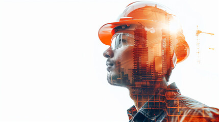Construction engineer wearing a hard hat with a city skyline double exposure