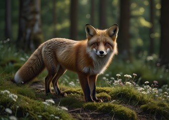 Fox in green forest. Cute Red Fox, at forest with flowers, moss stone. Wildlife scene from nature.