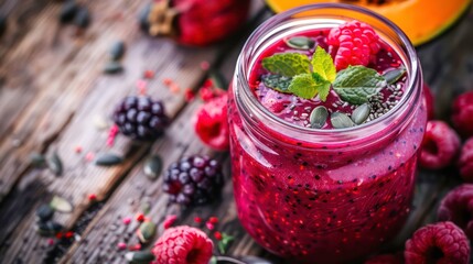 Close up of a berry smoothie with pumpkin and chia seeds in a glass jar on a rustic wood background with selective focus for a copy space image conveying a concept of detox diet well being and weight