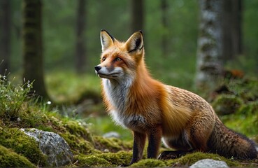 Fototapeta premium Fox in green forest. Cute Red Fox, at forest with flowers, moss stone. Wildlife scene from nature.