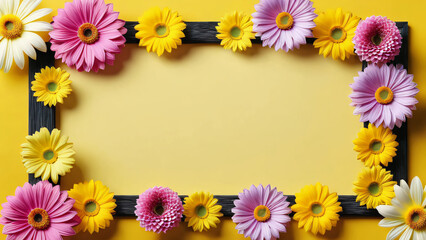 Obraz premium frame with flowers, yellow background, copy space