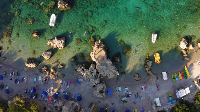 Drone view of Anthony Quinn Bay in Faliraki, Rhodes Island, Greece.