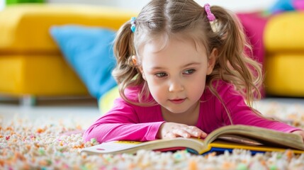 Fototapeta premium Little girl enjoying storytime on colorful playroom floor