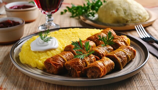 A plate of Romanian sarmale, cabbage rolls stuffed with meat and rice, served with sour cream and polenta. Accompanied by a glass of red wine and a few sprigs of herbs.