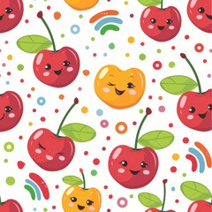 A colorful pattern of cherry fruits with smiling faces on them