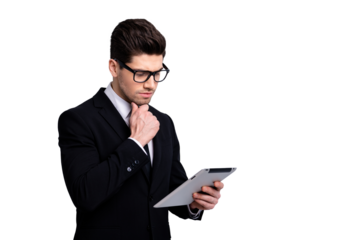 Portrait of his he nice imposing elegant classy attractive pensive guy new digital ebook surfing web site blog law economist auditor sales agent broker isolated over light gray background