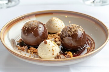 Gourmet chocolate dessert with nuts and ice cream on elegant plate