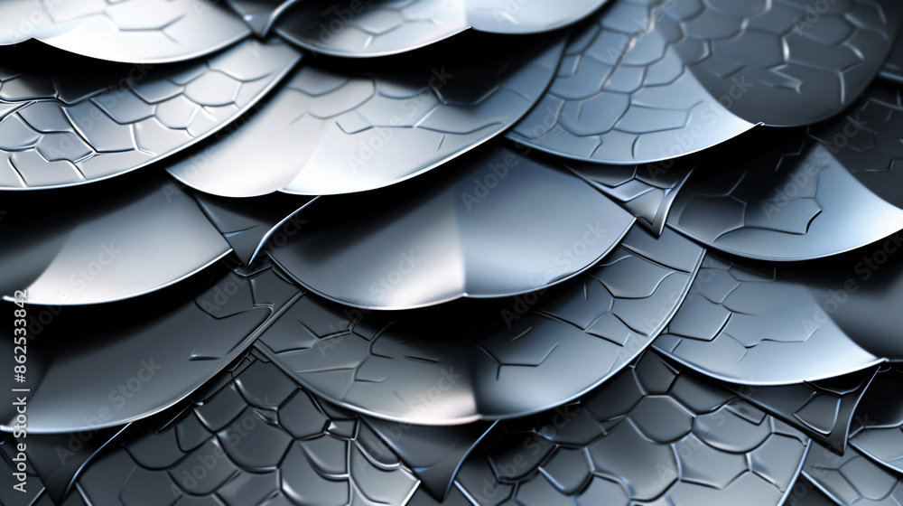 Poster abstract background with black and white dragon scales made of metal texture, 3d rendering. backgrou