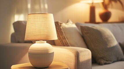 Obraz premium Close up of lamp on side table near sofa. Scandinavian, country interior design of modern living room, home. Generative AI