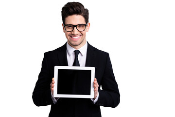 Portrait of his he nice classy attractive cheerful positive guy demonstrating holding in hands black display digital technology executive leader expert development isolated over light gray background