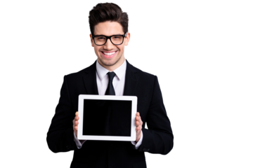 Portrait of his he nice classy attractive cheerful positive guy demonstrating holding in hands black display digital technology executive leader expert development isolated over light gray background