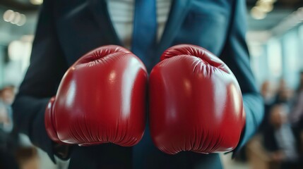 closeup punch of cropped businessman man in boxing gloves ready for corporate business battle selective focus knockout. Generative AI