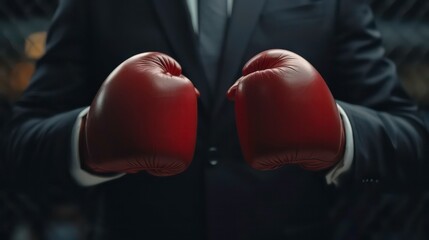 closeup punch of cropped businessman man in boxing gloves ready for corporate business battle selective focus knockout. Generative AI