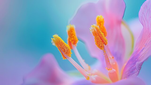 Vibrant macro of pink flower stamen and pollen
