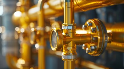 Gold-colored PVC pipeline in an industrial city water treatment facility