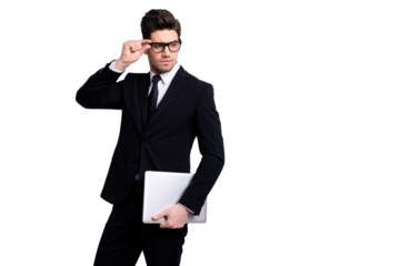 Portrait of his he nice imposing representative elegant classy attractive confident guy carrying in hands laptop finance sales leader expert development agent broker isolated on light gray background