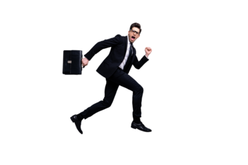 Full length body size profile side view portrait of his he nice attractive worried guy carrying in hands diplomat white collar shirt career growth isolated on light gray background