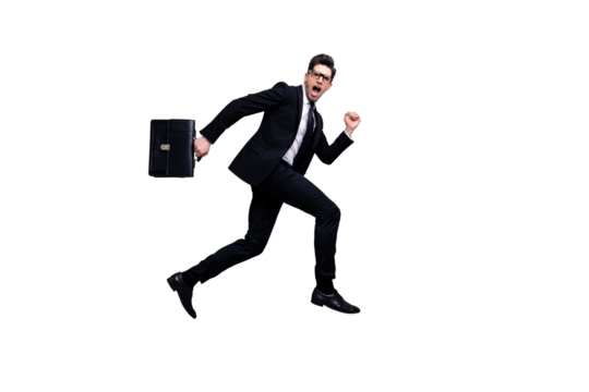 Full length body size profile side view portrait of his he nice attractive worried guy carrying in hands diplomat white collar shirt career growth isolated on light gray background