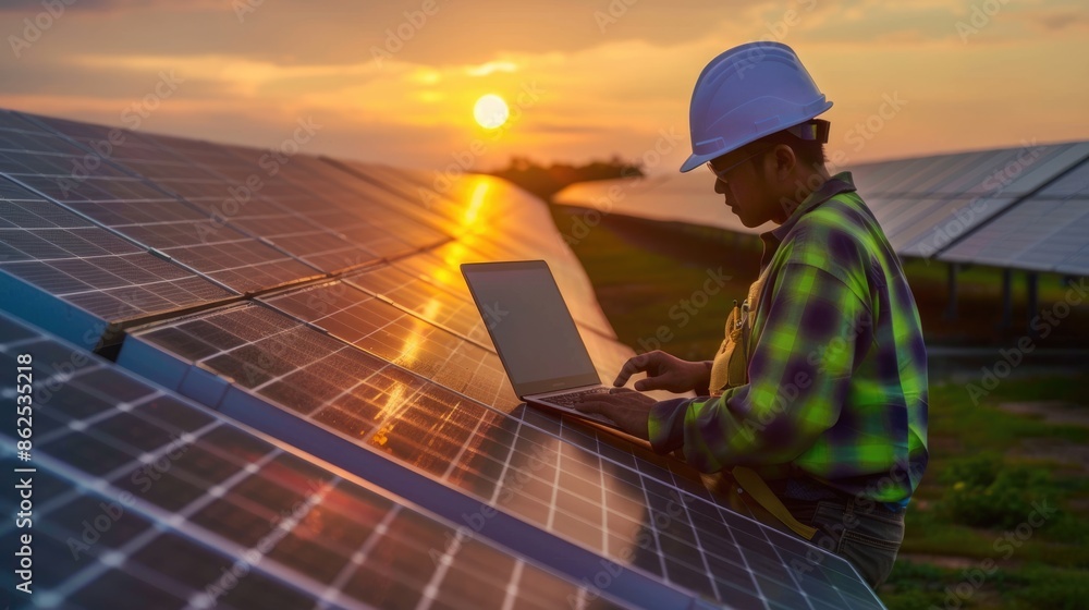 Poster skilled engineer working and analyze data by using laptop at solar cell. professional technician and