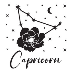 Vector illustration of zodiac sign capricorn with flower, crescent moon and stars