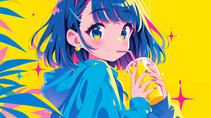 Naklejka premium ドリンクを持つアニメ風の女の子 AI