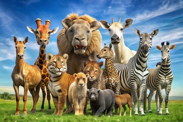 A group of animals, including giraffes, zebras, and lions