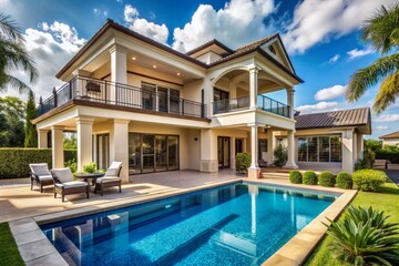 A large house with a pool and a patio