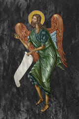 Obraz premium Traditional image of John Baptist. Religious medallion on black stone wall background in Byzantine style