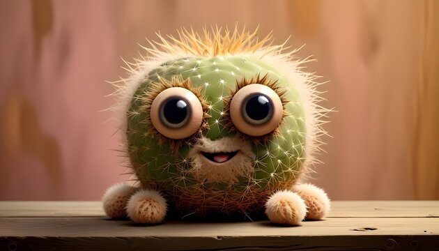 A playful, fluffy green cactus with oversized, whimsical googly eyes with a dreamy, hazy pink and orange background with copy space