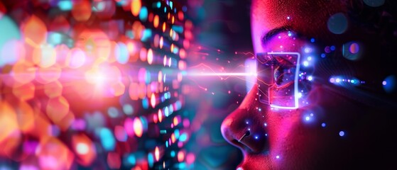 Obraz premium Close-up of a person using virtual reality technology with colorful lights. Concept of immersive digital experience and futuristic innovation.