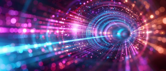 Colorful abstract tunnel with glowing lights and geometric patterns, perfect for futuristic, technology, or science fiction backgrounds.