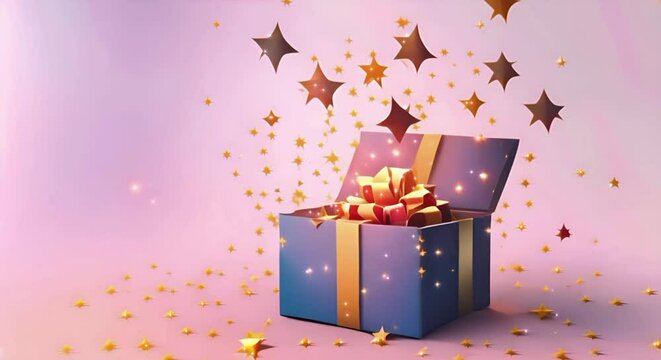 A festive gift box, gold stars and confetti fly out of it.