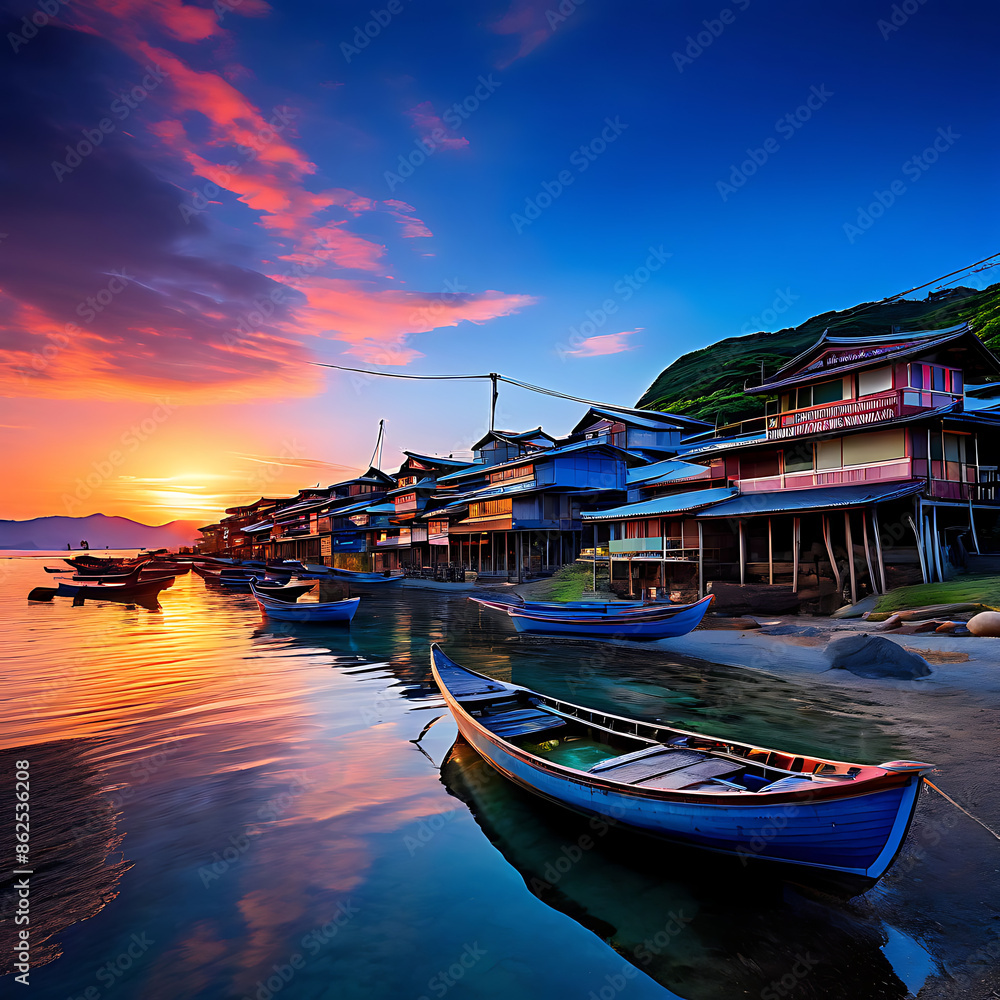 Wall mural boats at sunset