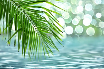 Fototapeta premium Tropical palm leaf over serene water with sun glare
