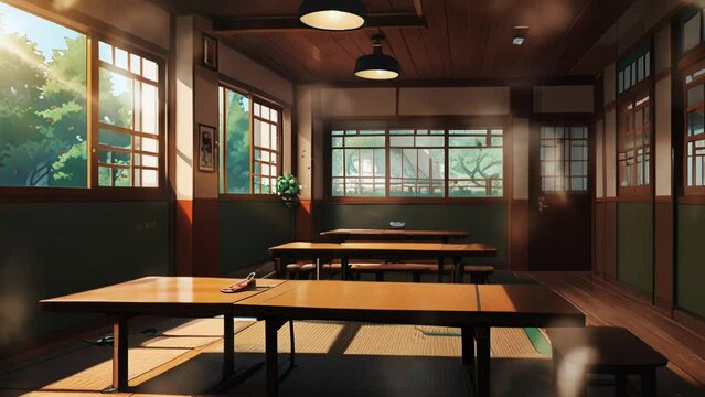 Classroom interior with Japanese design, in a smooth looping background with 4K video animation.