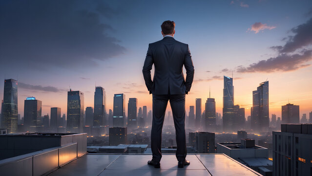 businessman stands on a rooftop
