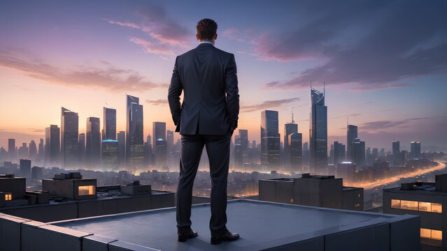 businessman stands on a rooftop