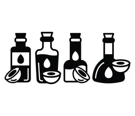 coconut oil glass bottle icons symbol vector design black white color illustration collection set