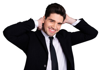 Close up photo amazing he him his macho handsome just visited hairdresser touch perfect styling black hair both hands arms wear specs shirt suit jacket tie formalwear isolated grey background