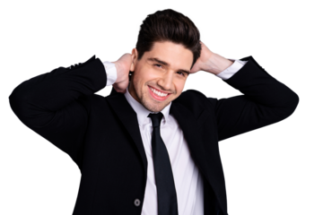 Close up photo amazing he him his macho handsome just visited hairdresser touch perfect styling black hair both hands arms wear specs shirt suit jacket tie formalwear isolated grey background
