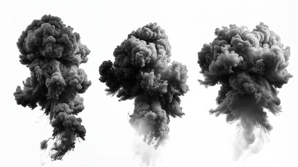 Three black smoke clouds on white background in different shapes