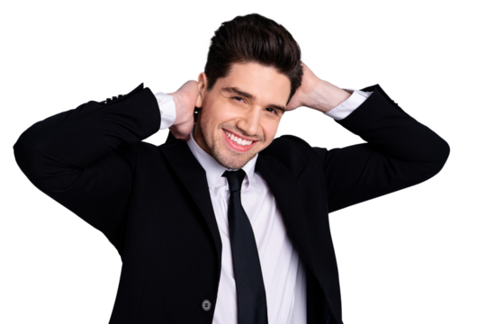 Close up photo amazing he him his macho handsome just visited hairdresser touch perfect styling black hair both hands arms wear specs shirt suit jacket tie formalwear isolated grey background