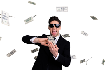 Portrait of his he nice attractive confident cheerful cheery crazy arrogant guy manager financier banker economist throwing away currency exchange lottery credit isolated over light gray background